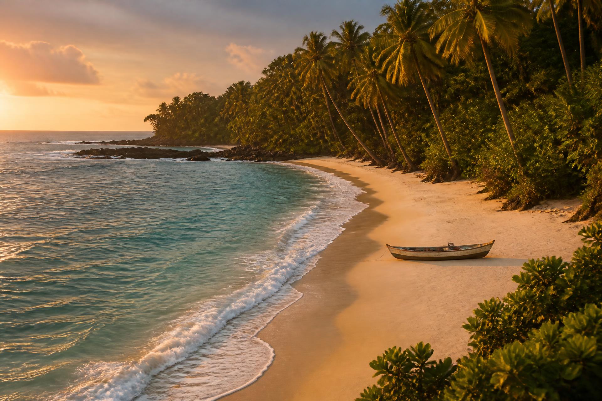 Littoral du Gbôklé : plage de sable, forêt de cocotiers et pirogue de pêche au coucher du soleil